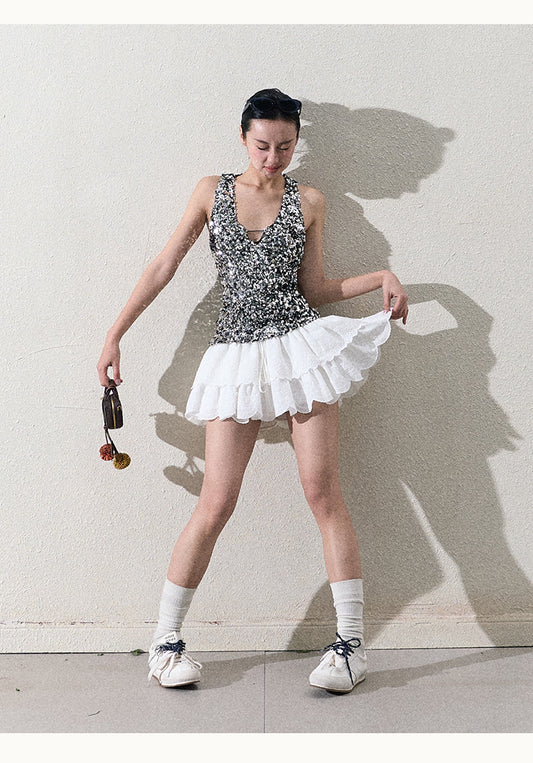 Scallop-Hem Embroidered Tiered Skirt With Shorts