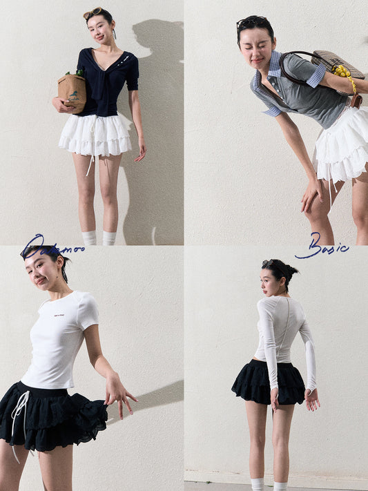 Scallop-Hem Embroidered Tiered Skirt With Shorts