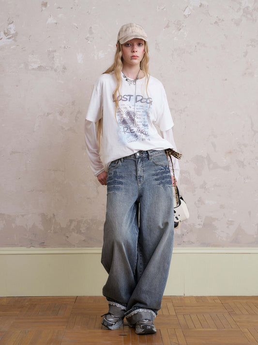 Wide-Leg Washed Jeans With Lace Trimmed Hem