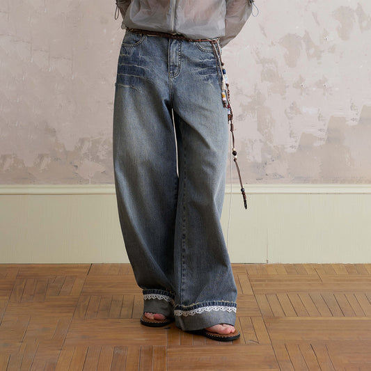 Wide-Leg Washed Jeans With Lace Trimmed Hem