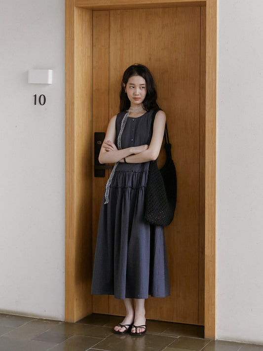 Sleeveless Plaid Dress With Waist-Tier Detail