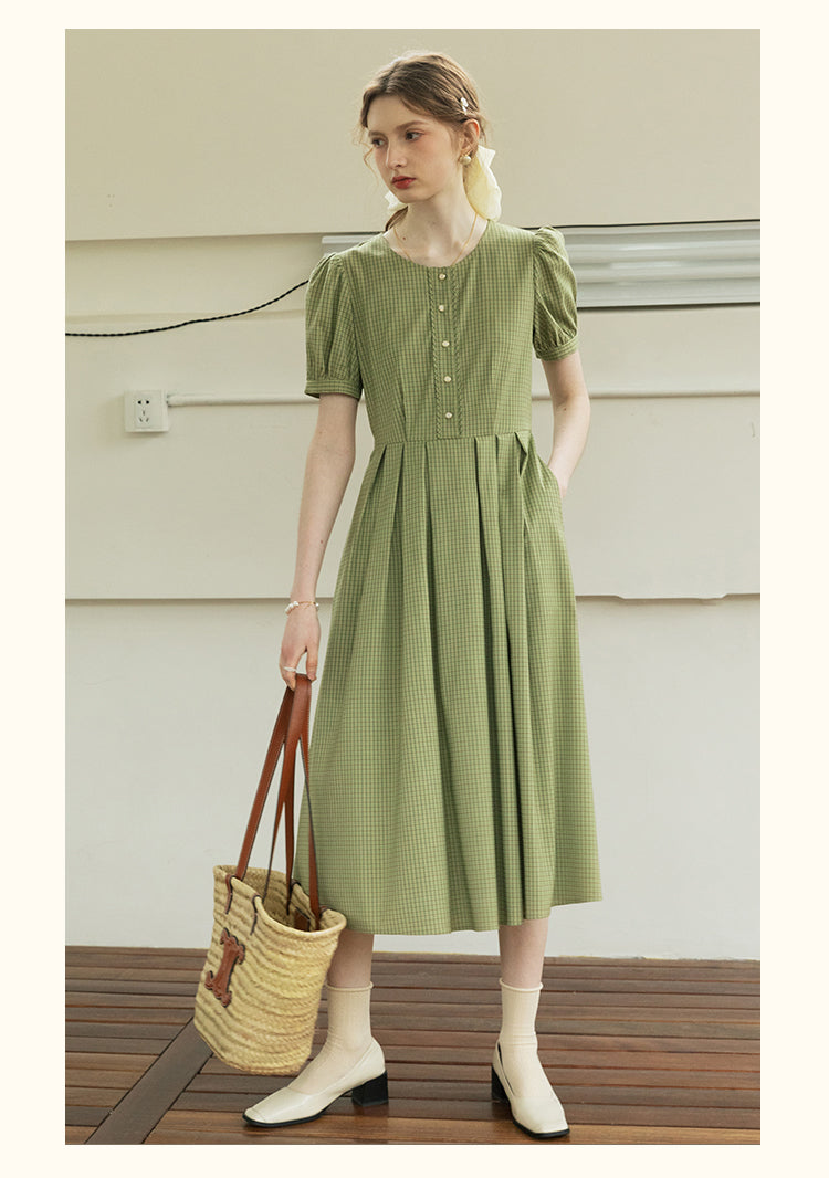 Tiny Plaid Round Collar Puff-Sleeve Dress