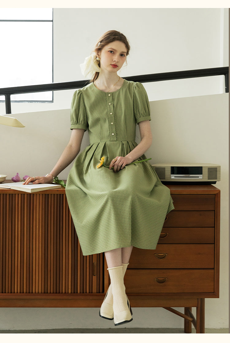 Tiny Plaid Round Collar Puff-Sleeve Dress