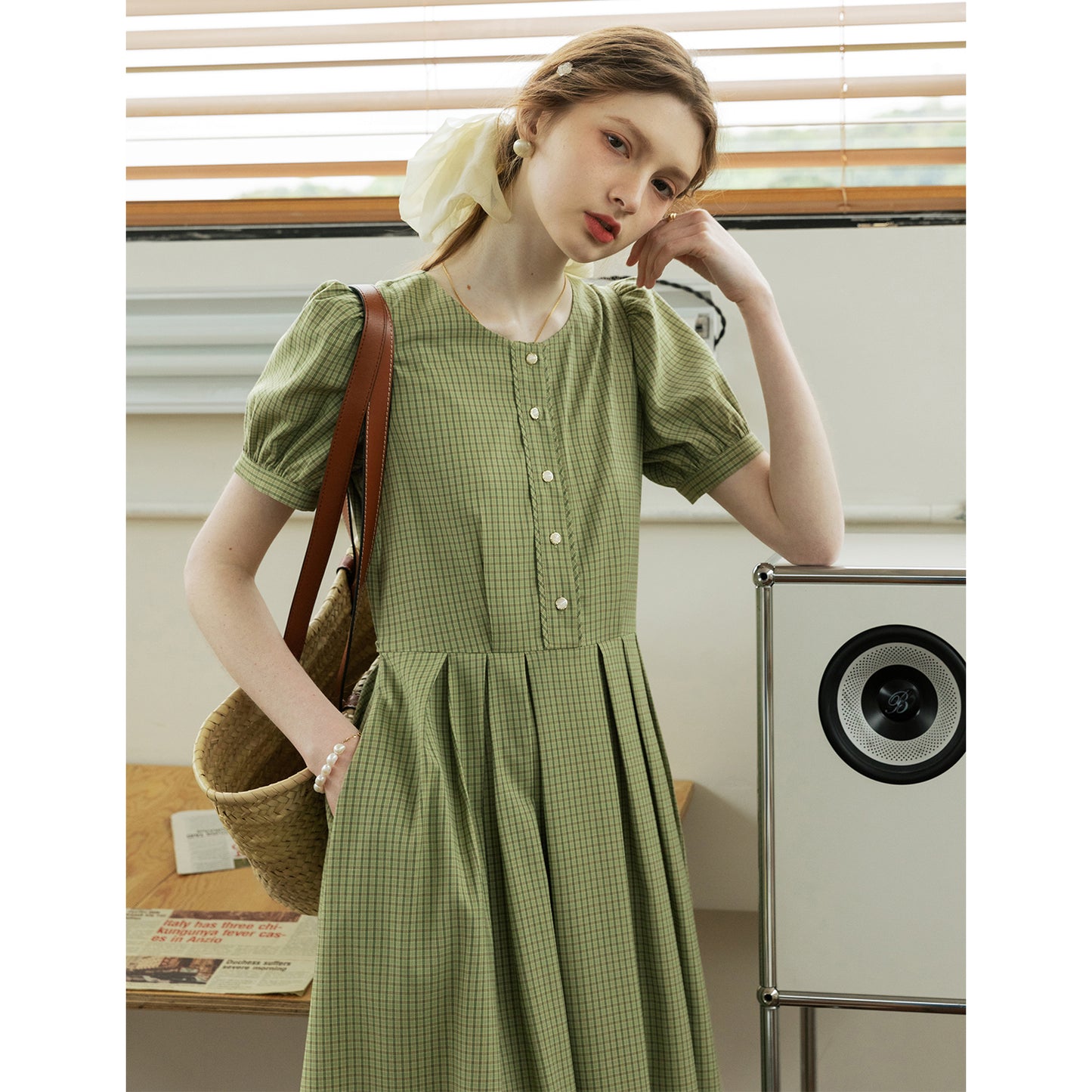Tiny Plaid Round Collar Puff-Sleeve Dress