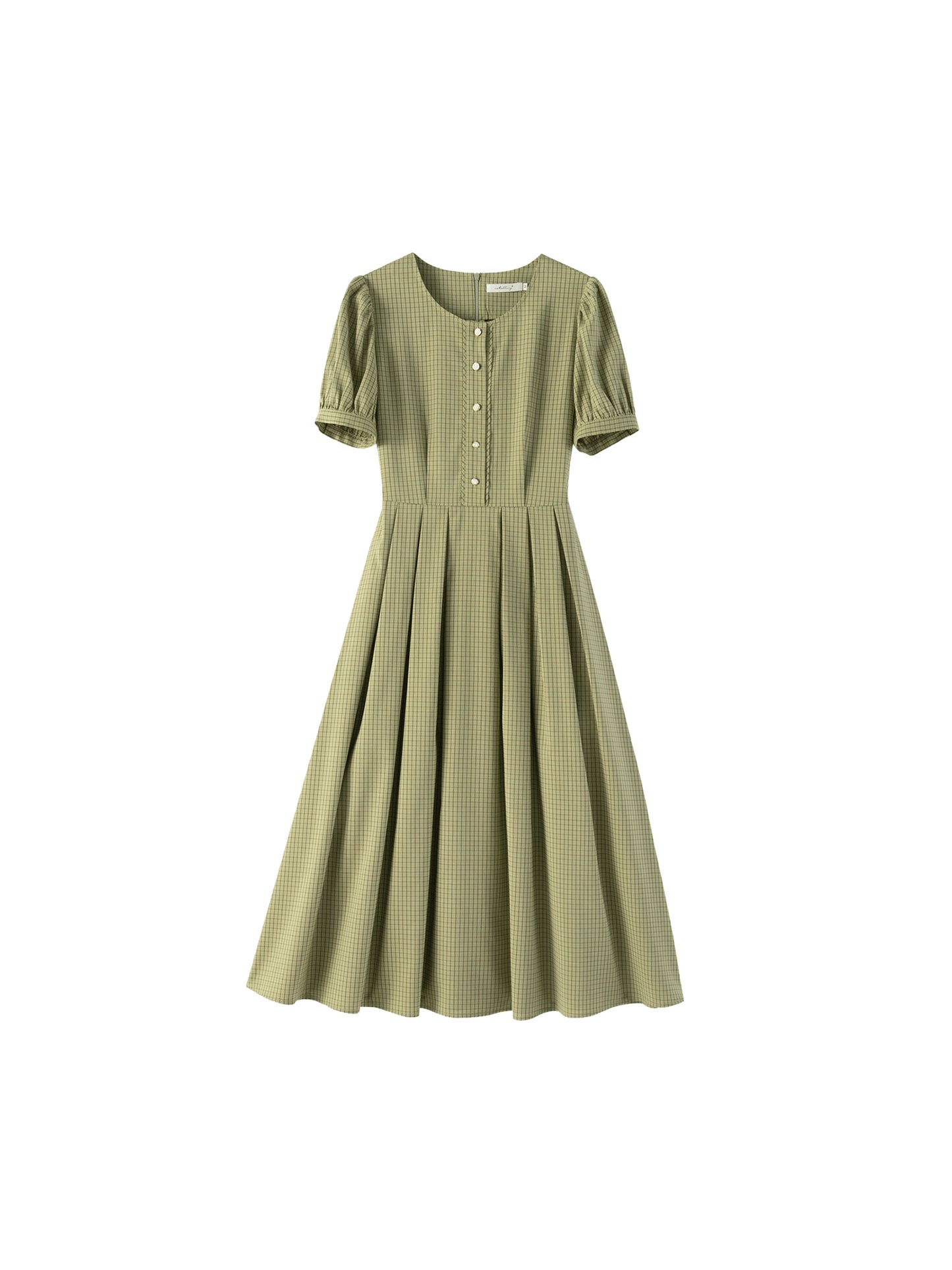 Tiny Plaid Round Collar Puff-Sleeve Dress