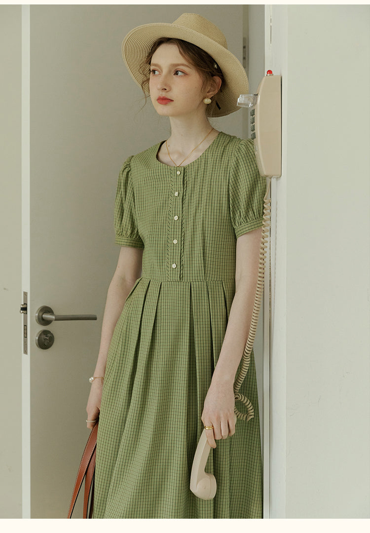 Tiny Plaid Round Collar Puff-Sleeve Dress