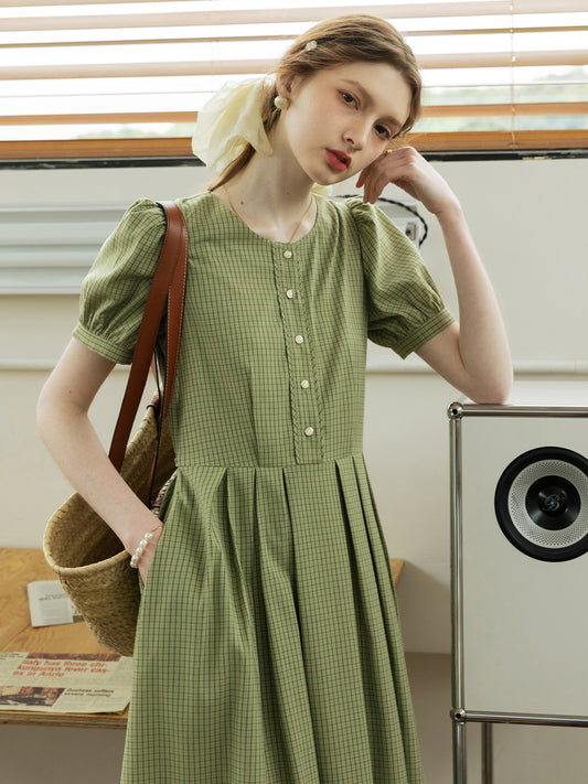 Tiny Plaid Round Collar Puff-Sleeve Dress