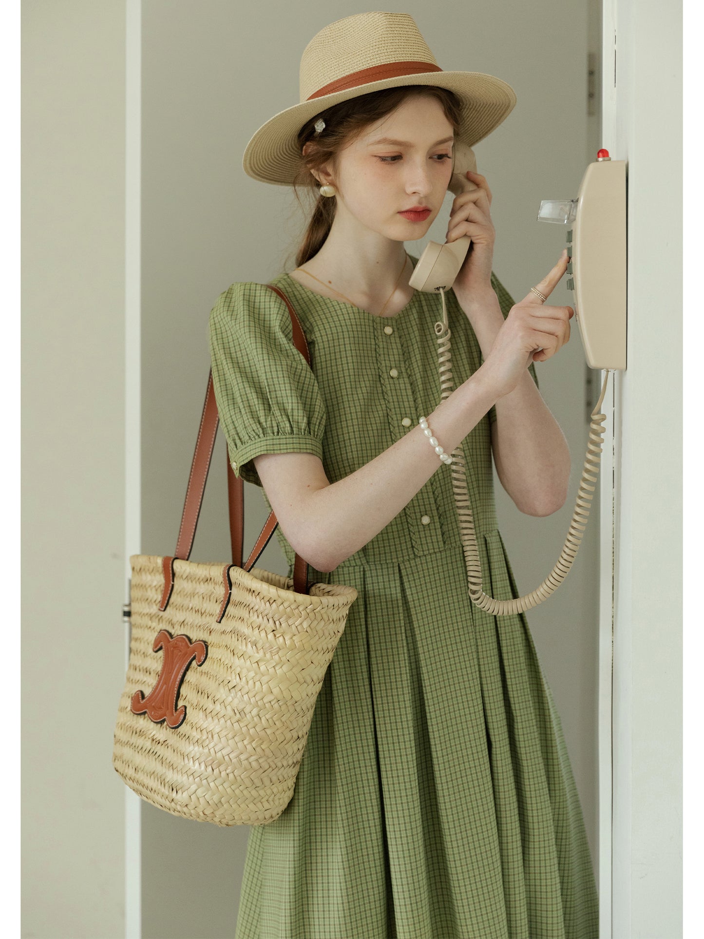 Tiny Plaid Round Collar Puff-Sleeve Dress