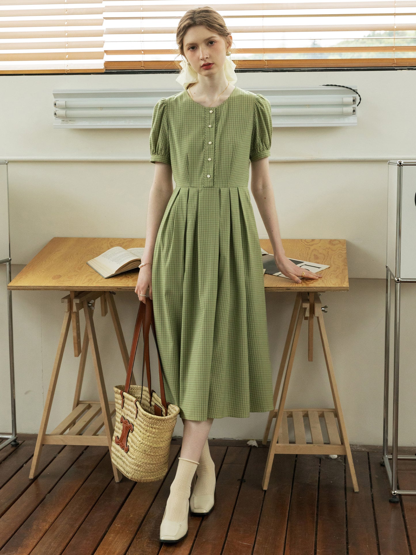 Tiny Plaid Round Collar Puff-Sleeve Dress