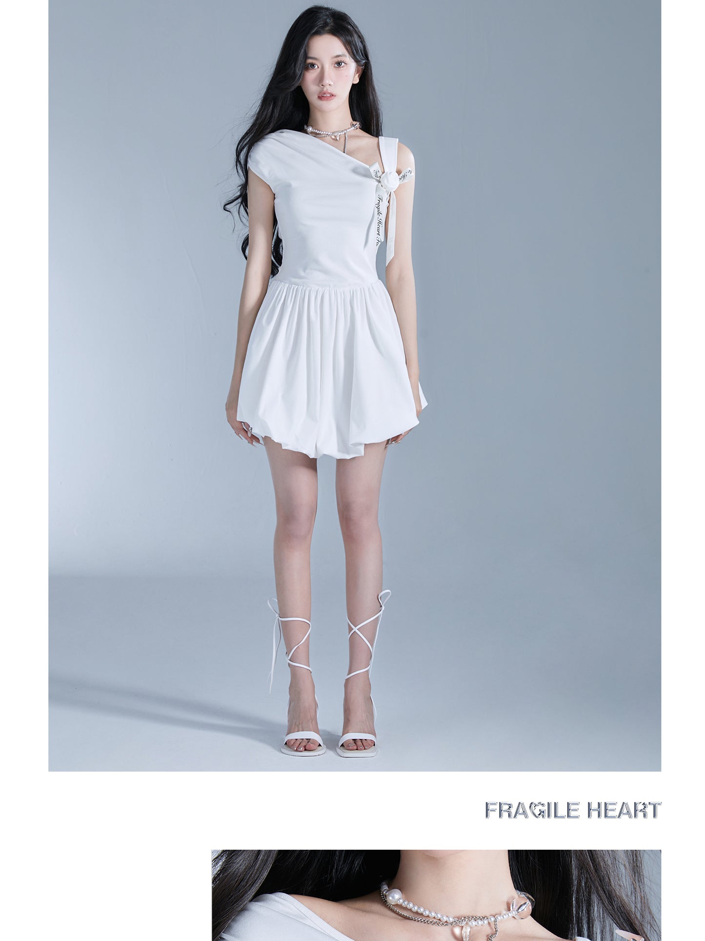 Single-Strap Draped Bubble Hem Dress With Floral Ribbon