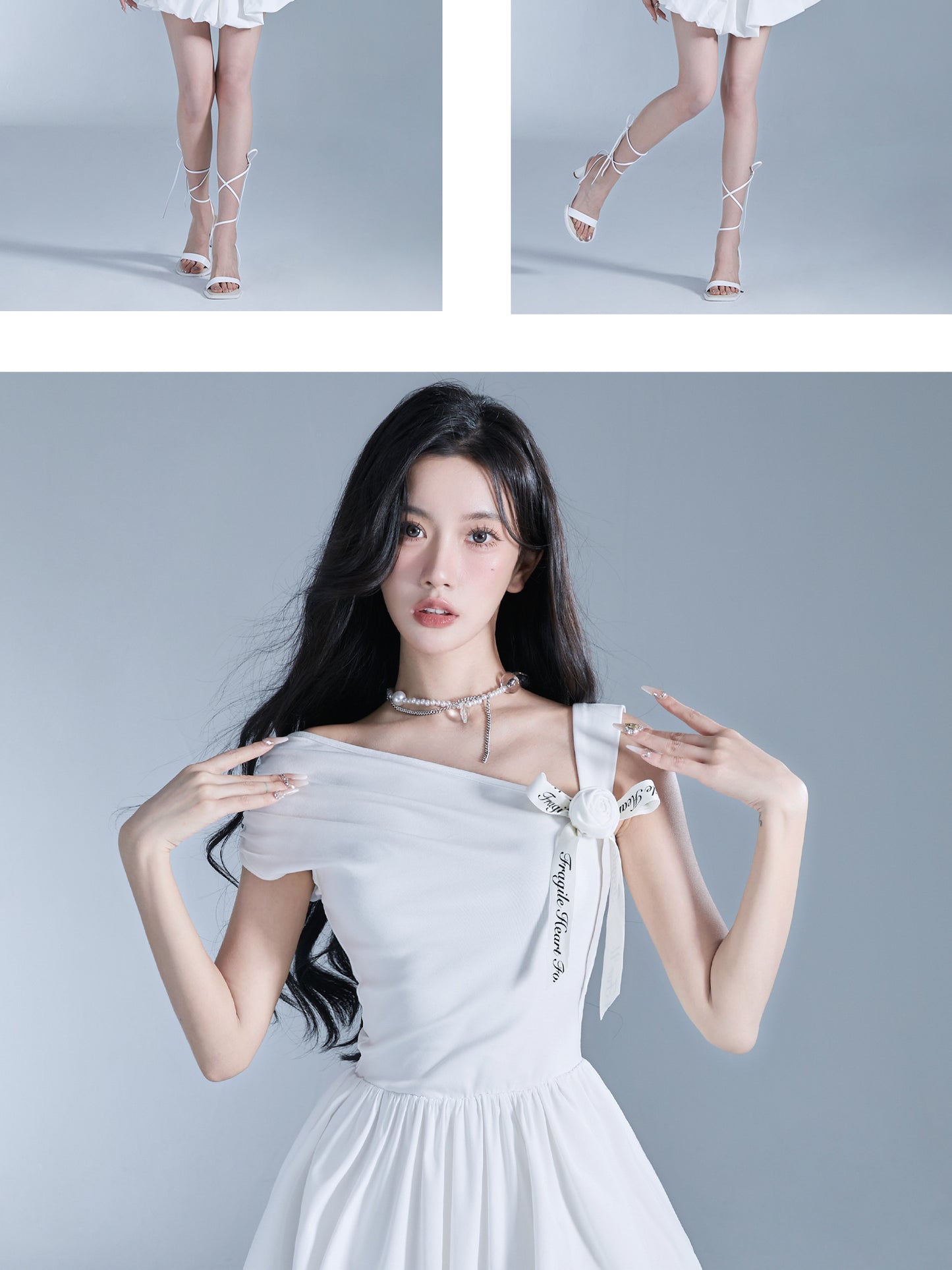 Single-Strap Draped Bubble Hem Dress With Floral Ribbon