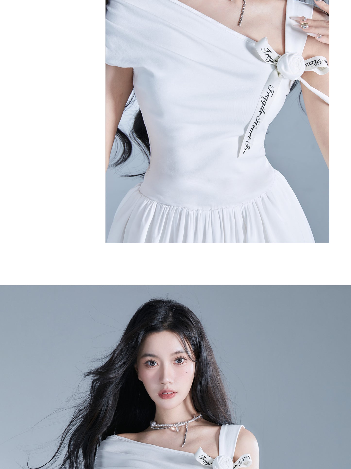 Single-Strap Draped Bubble Hem Dress With Floral Ribbon