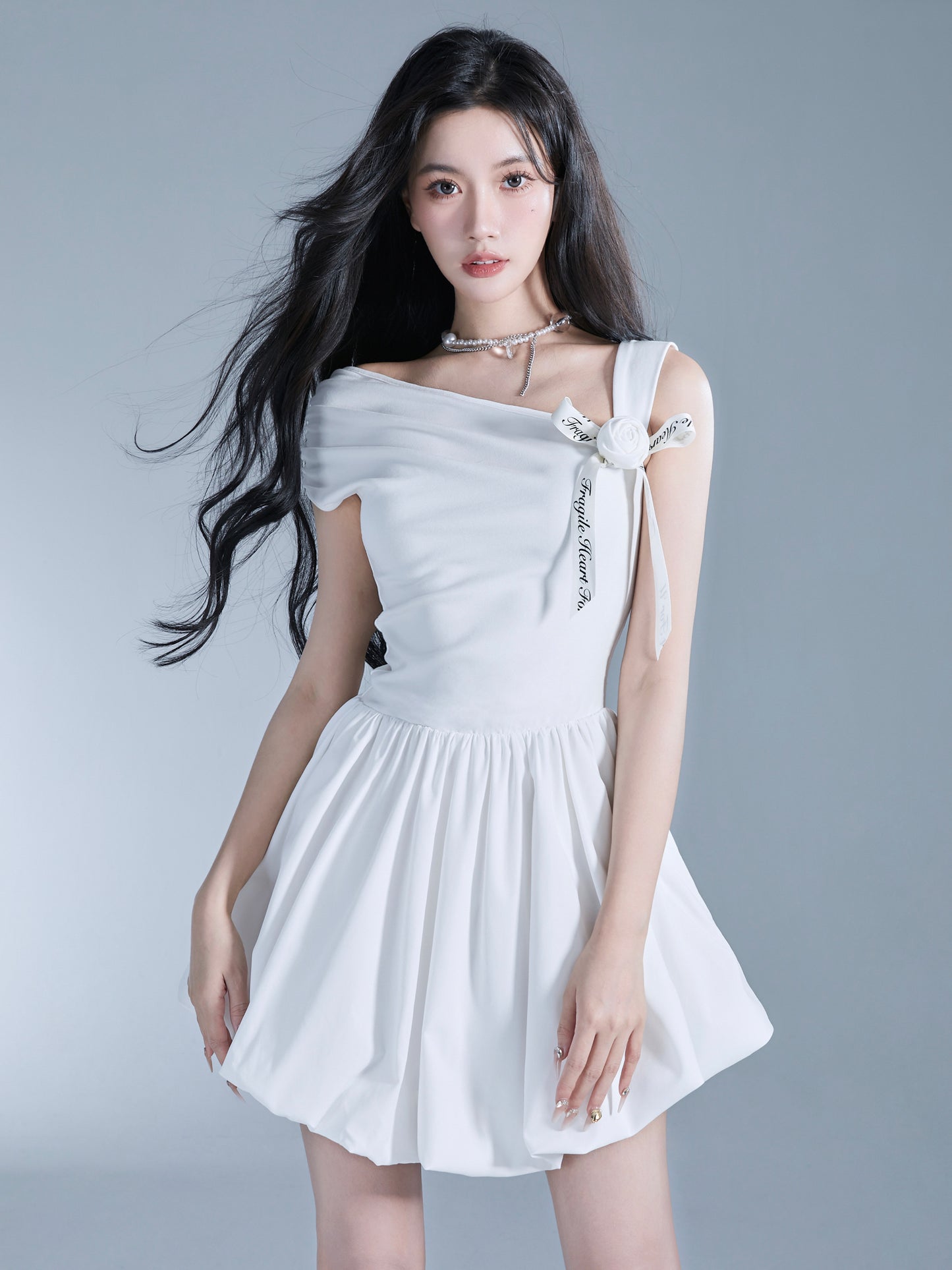 Single-Strap Draped Bubble Hem Dress With Floral Ribbon