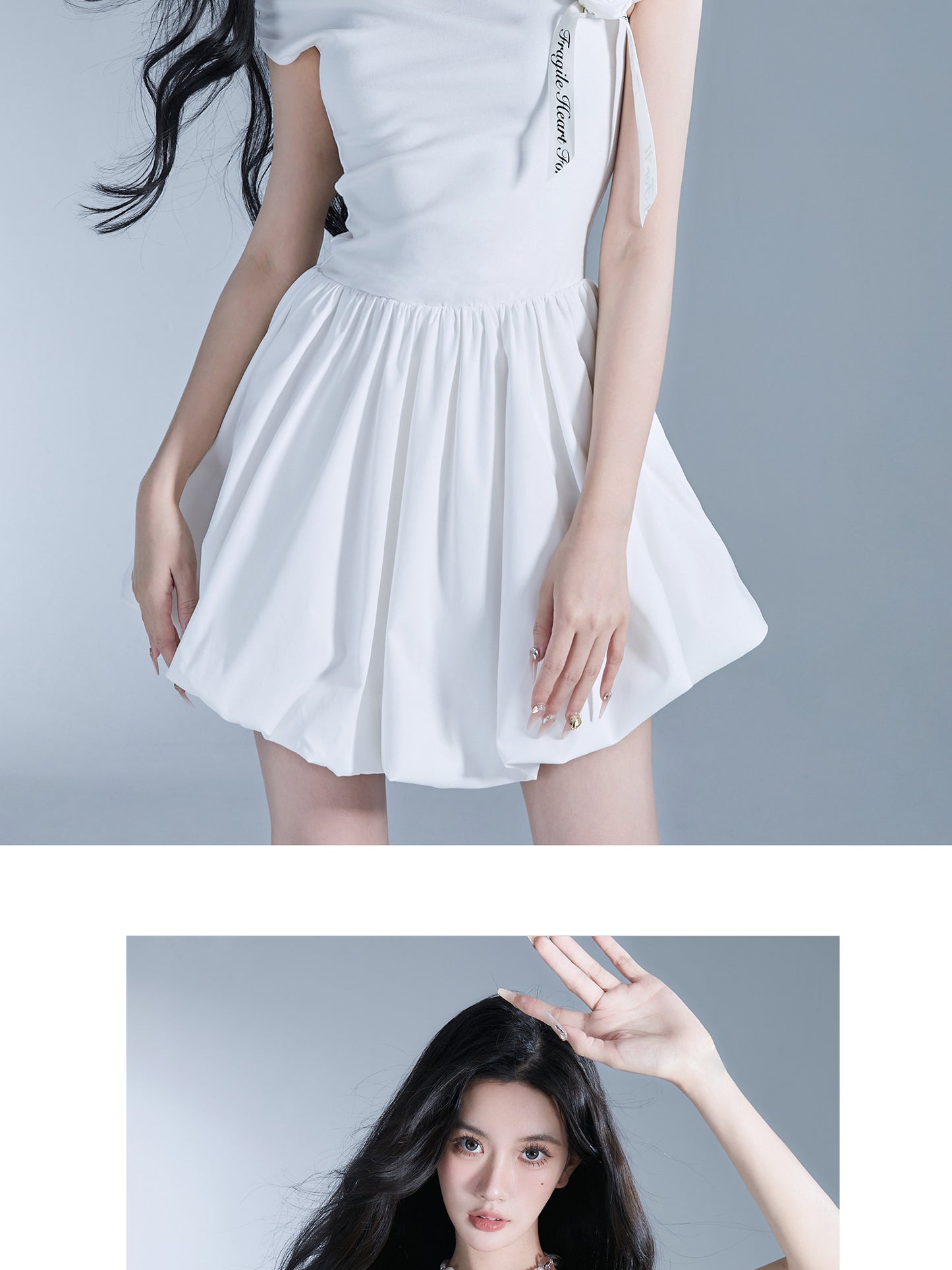 Single-Strap Draped Bubble Hem Dress With Floral Ribbon