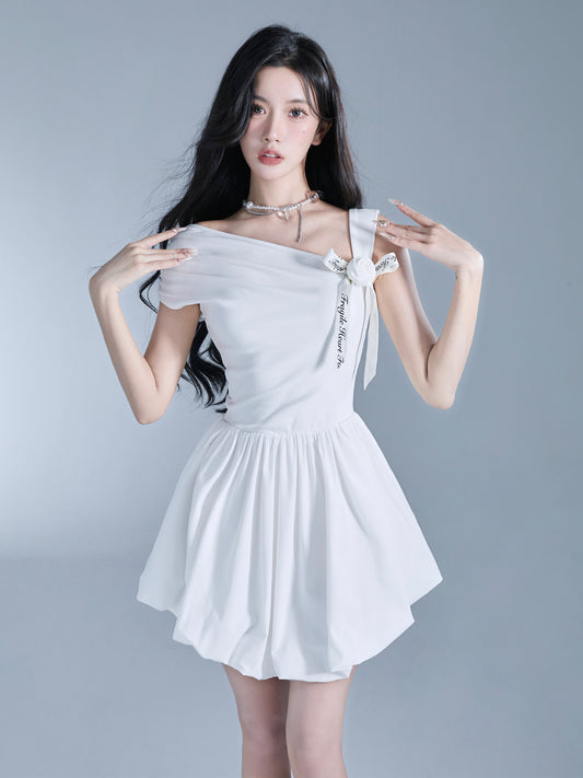 Single-Strap Draped Bubble Hem Dress With Floral Ribbon
