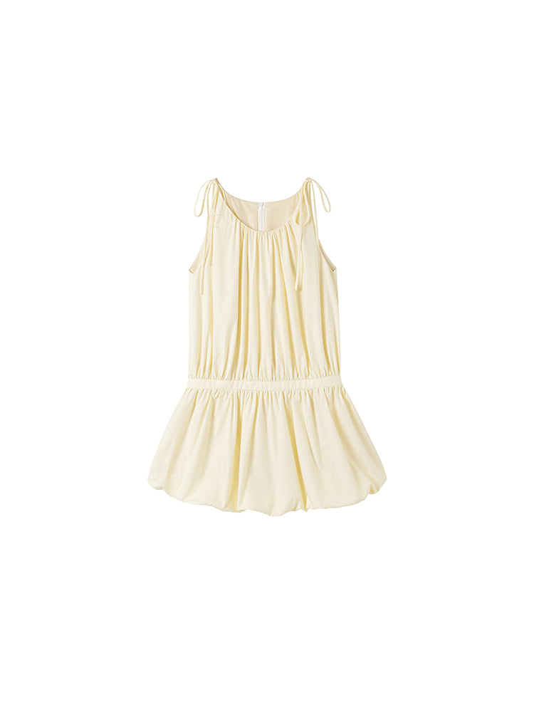 Tie-Strapped Ruched Balloon-Hem Dress