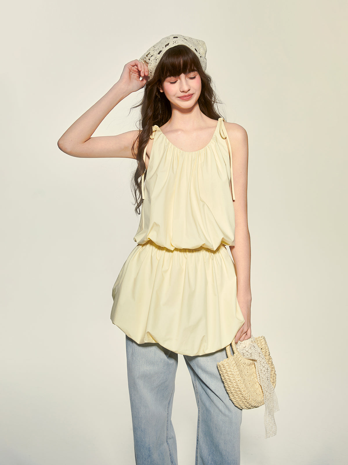 Tie-Strapped Ruched Balloon-Hem Dress