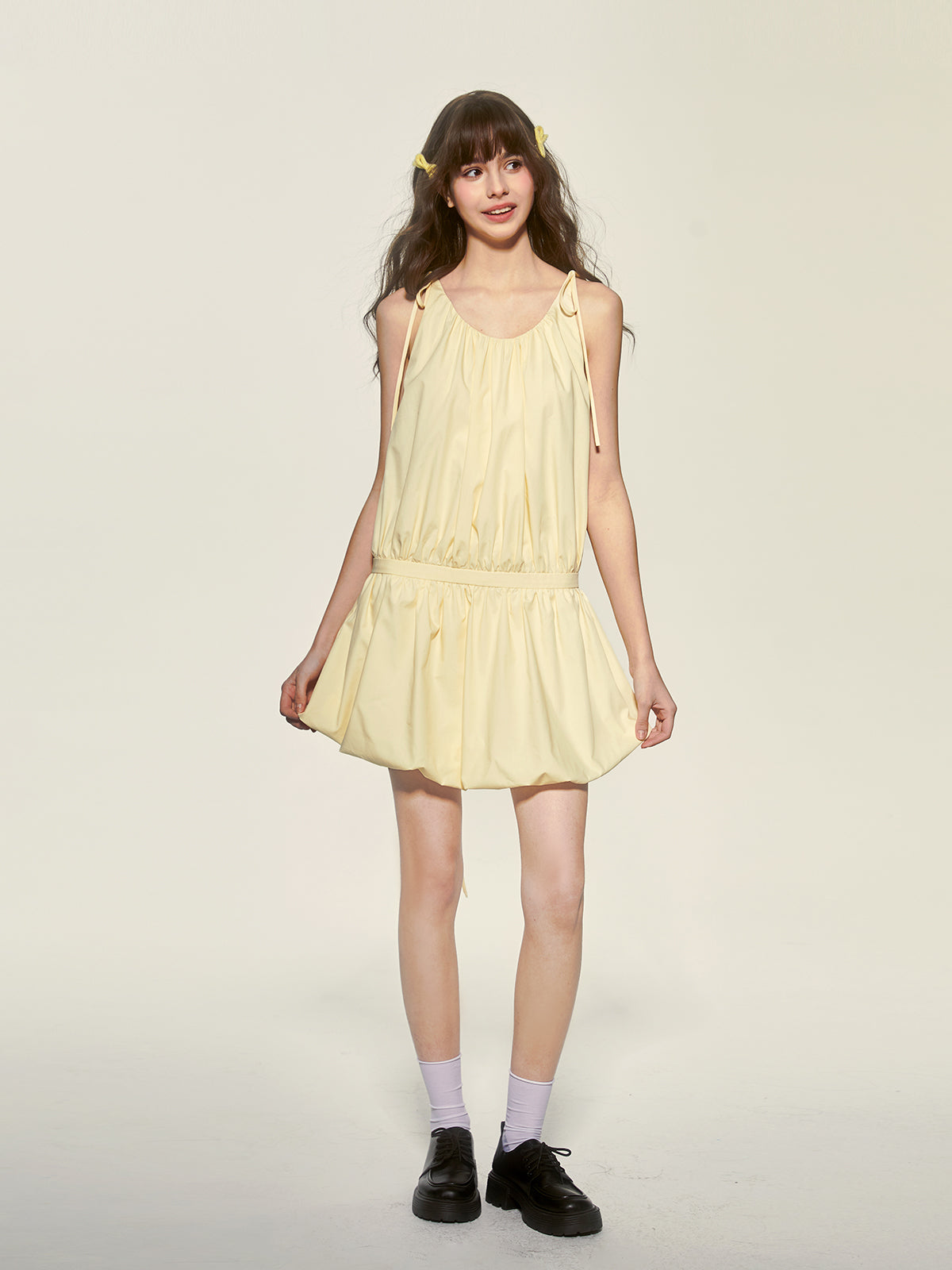 Tie-Strapped Ruched Balloon-Hem Dress