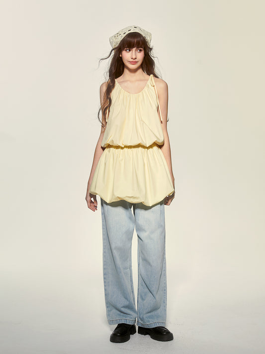 Tie-Strapped Ruched Balloon-Hem Dress