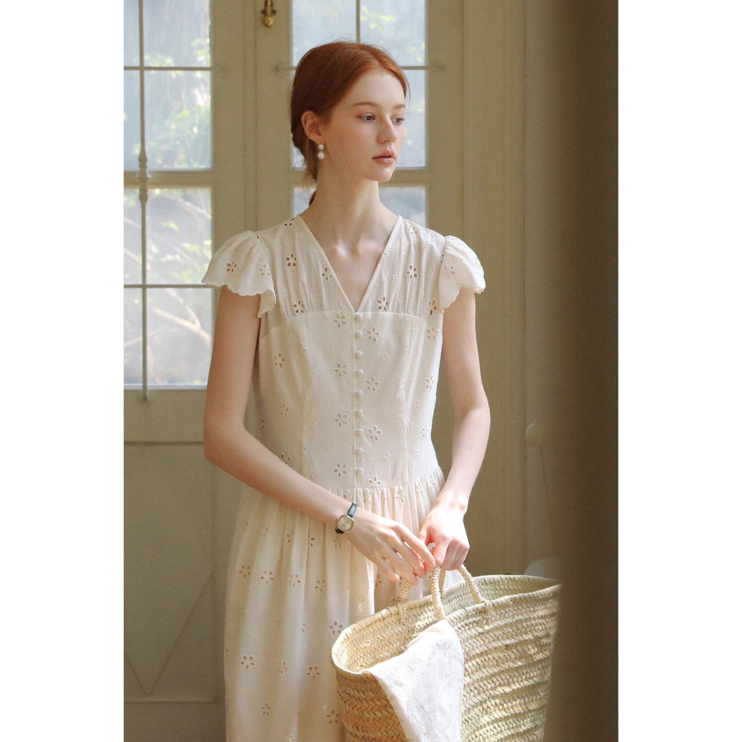 Floral Eyelet-Embroidered Flutter-Sleeve Dress