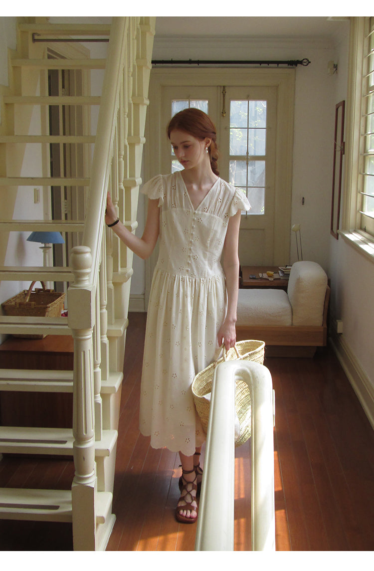 Floral Eyelet-Embroidered Flutter-Sleeve Dress
