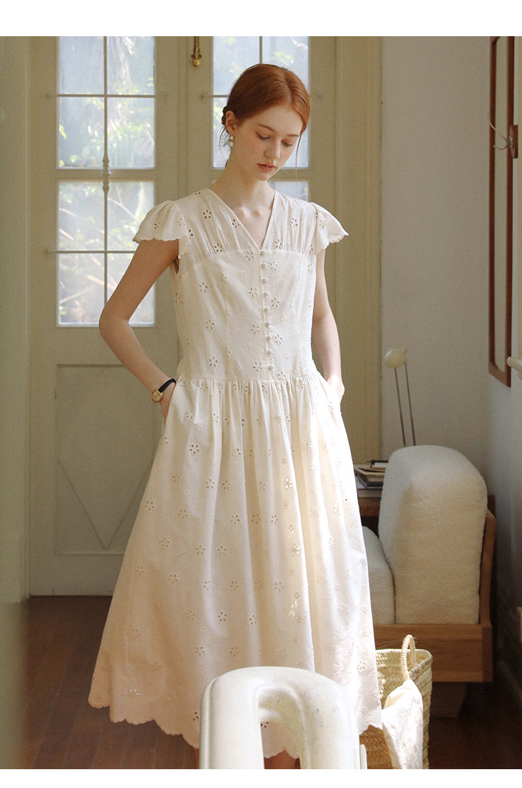Floral Eyelet-Embroidered Flutter-Sleeve Dress