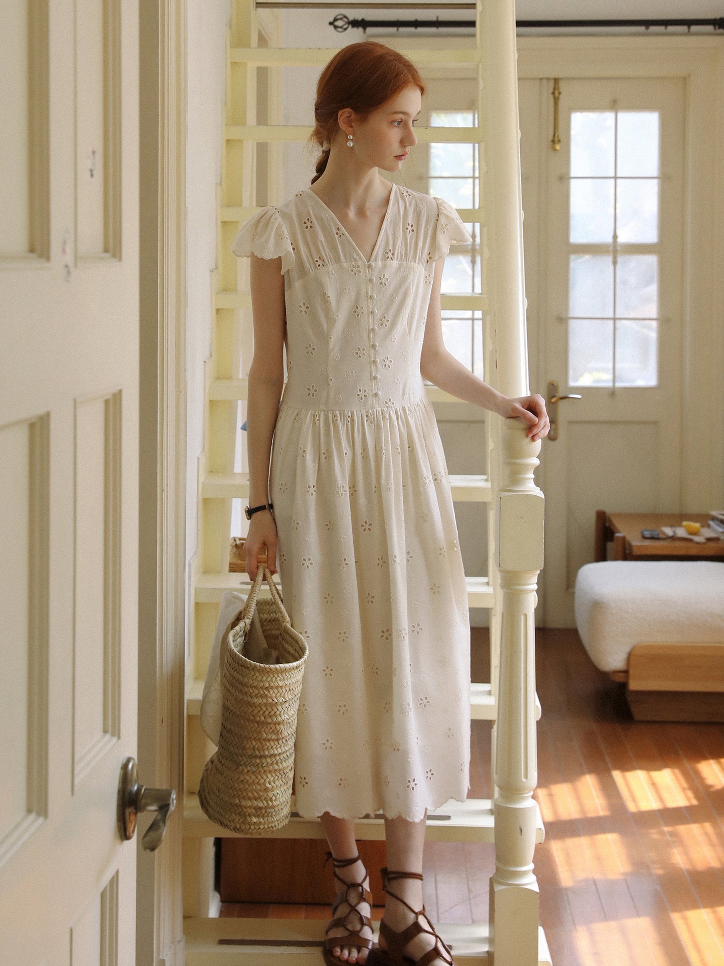 Floral Eyelet-Embroidered Flutter-Sleeve Dress
