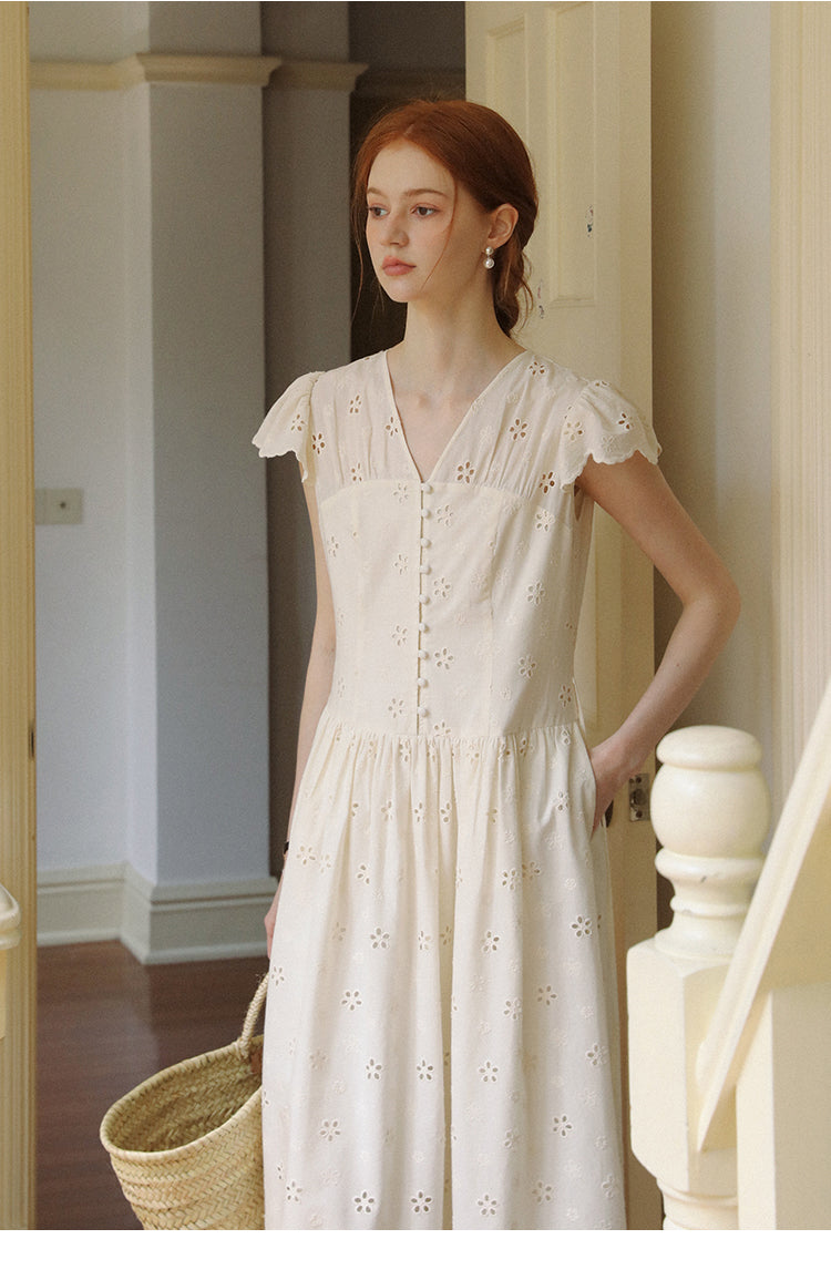 Floral Eyelet-Embroidered Flutter-Sleeve Dress