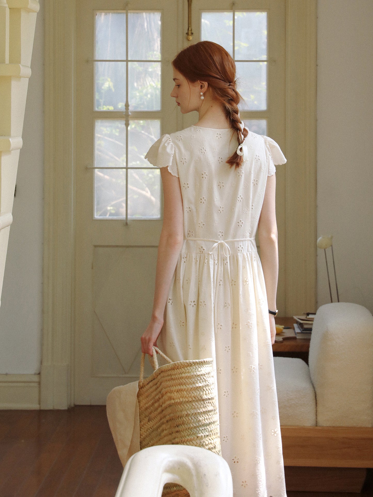 Floral Eyelet-Embroidered Flutter-Sleeve Dress