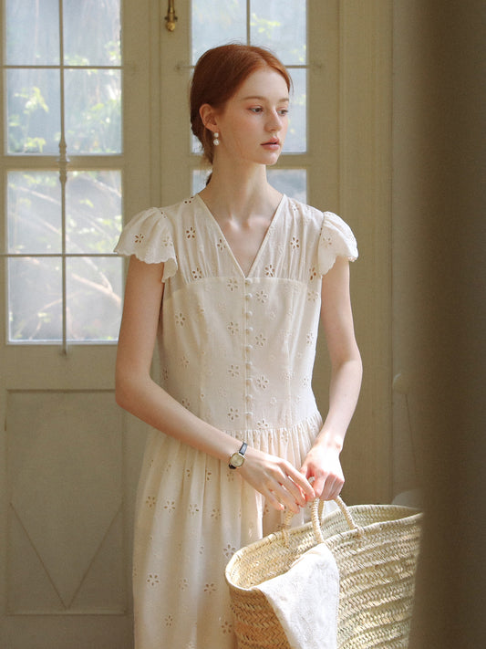 Floral Eyelet-Embroidered Flutter-Sleeve Dress