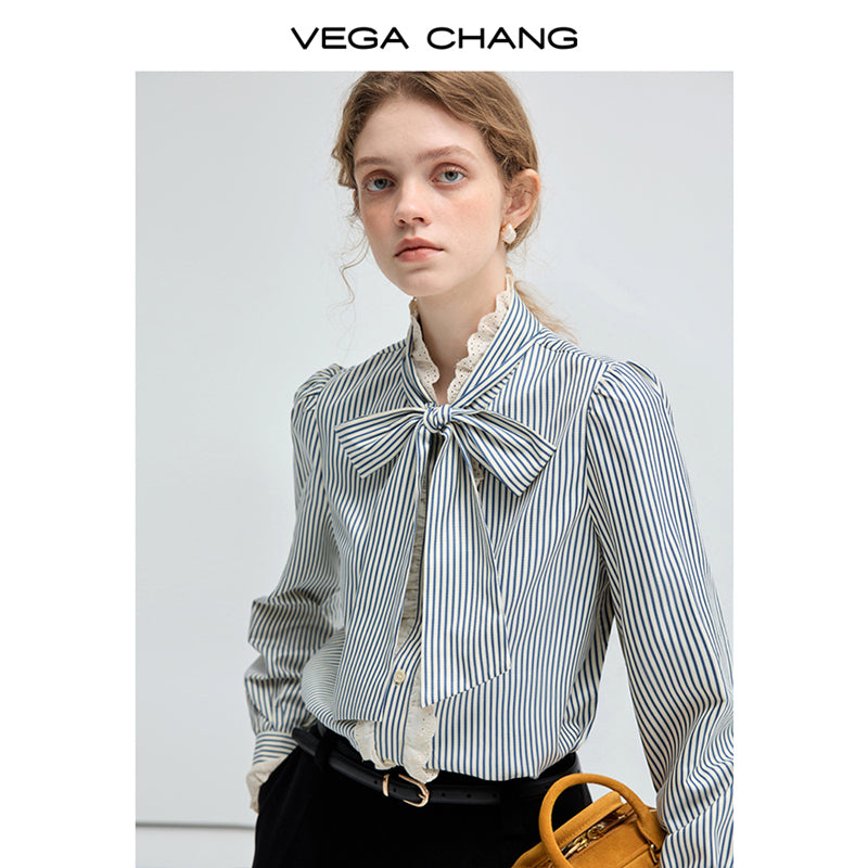 Frilled Tie-Neck Stripe Blouse / Flowy Long Skirt