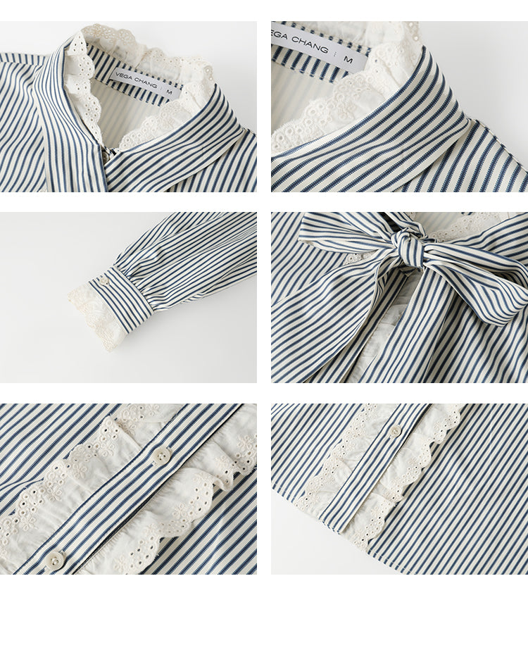 Frilled Tie-Neck Stripe Blouse / Flowy Long Skirt