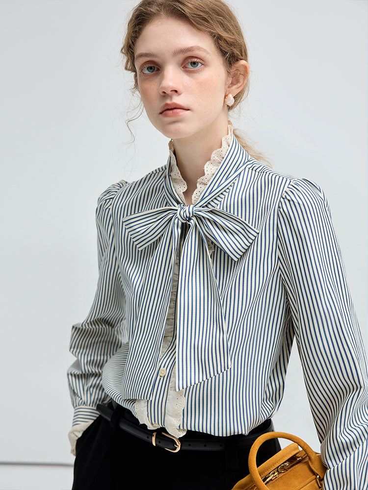 Frilled Tie-Neck Stripe Blouse / Flowy Long Skirt