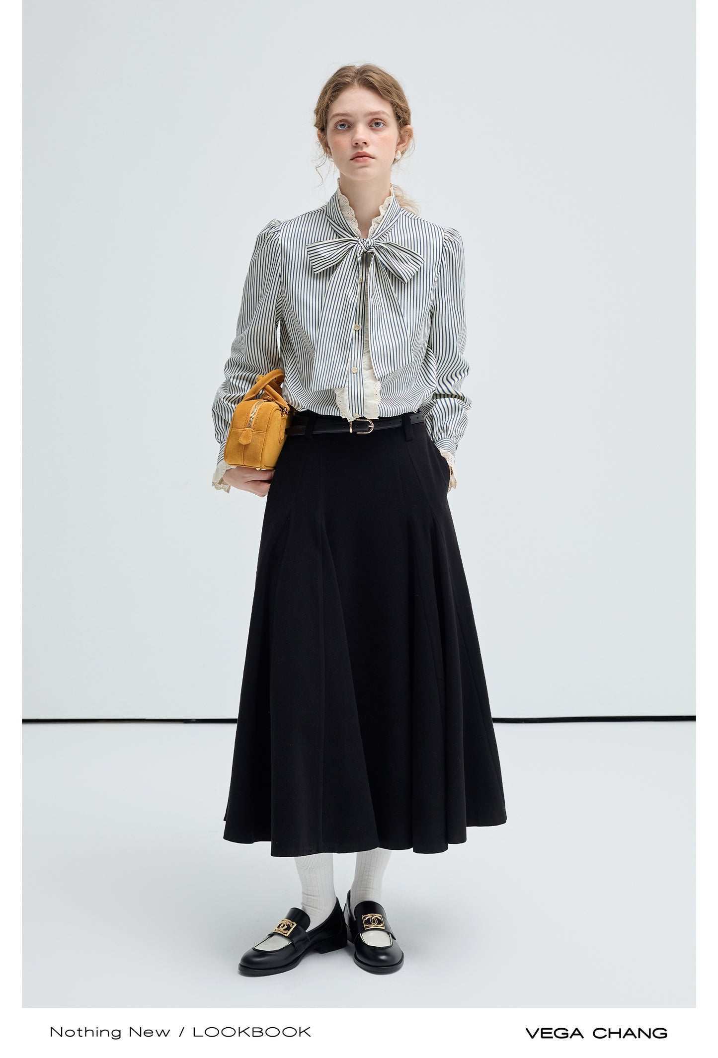 Frilled Tie-Neck Stripe Blouse / Flowy Long Skirt