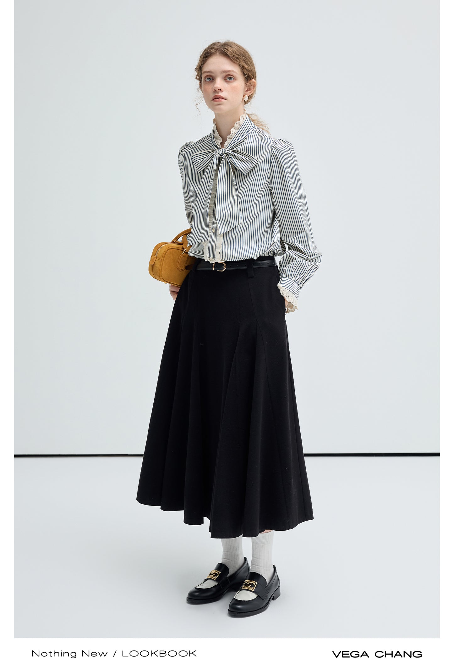 Frilled Tie-Neck Stripe Blouse / Flowy Long Skirt