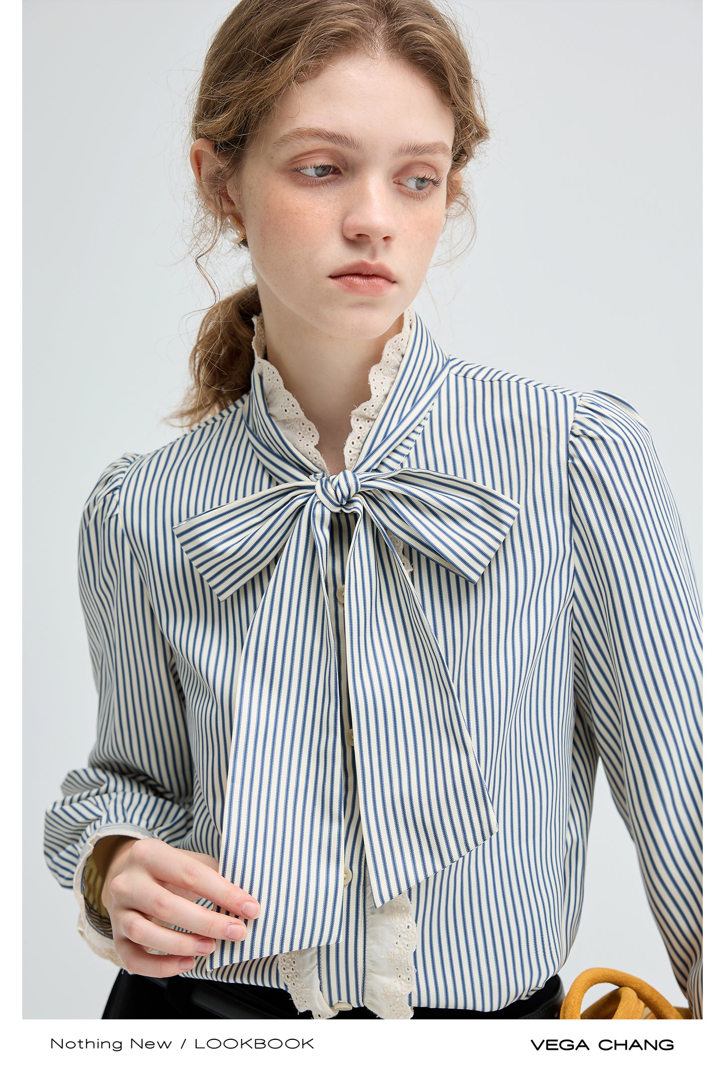 Frilled Tie-Neck Stripe Blouse / Flowy Long Skirt