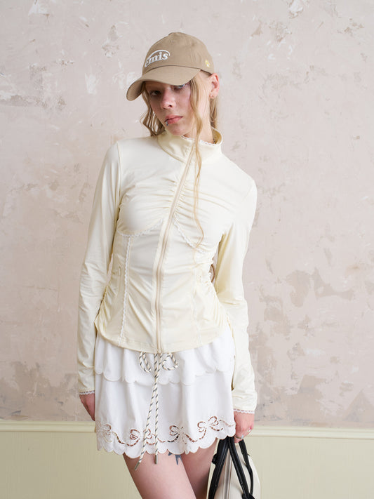 Slim Fit Lace Trimmed Ruched Zip-Up Jacket