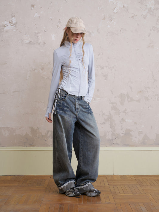 Slim Fit Lace Trimmed Ruched Zip-Up Jacket