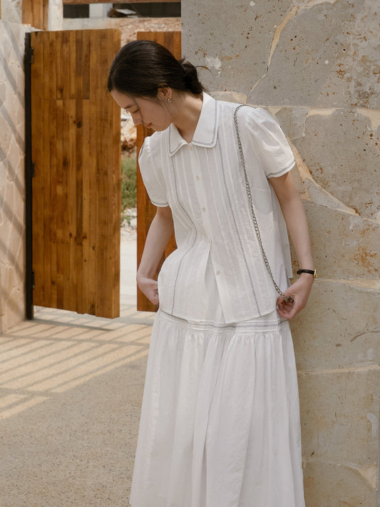 Zig-Zag Stitch Puff-Sleeve Blouse & Maxi Skirt