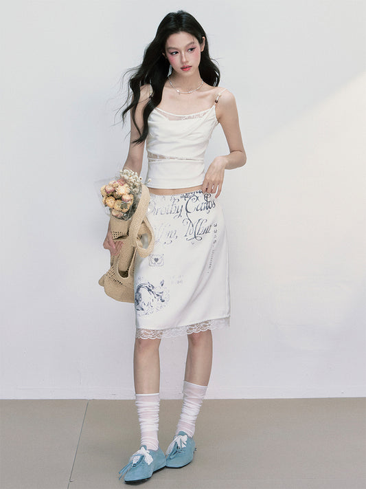 Classic Monochrome Print Skirt With Lace Trim