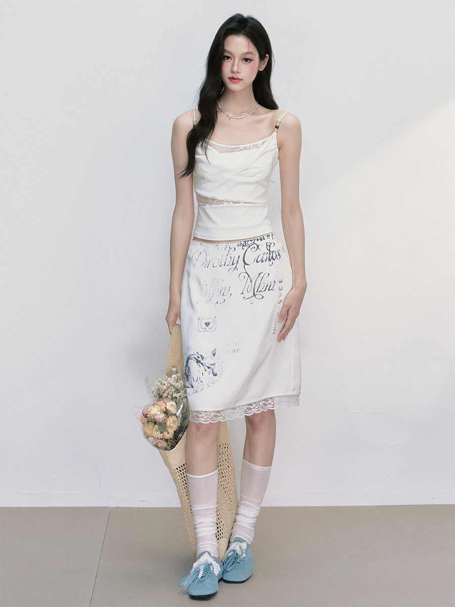 Classic Monochrome Print Skirt With Lace Trim
