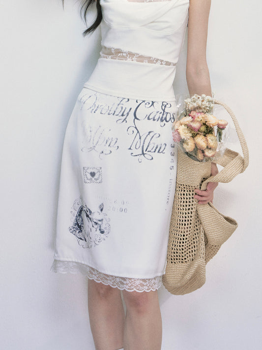 Classic Monochrome Print Skirt With Lace Trim