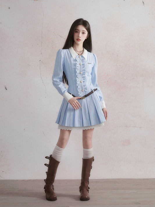 Pleated Striped Shirt Dress With Frill Placket