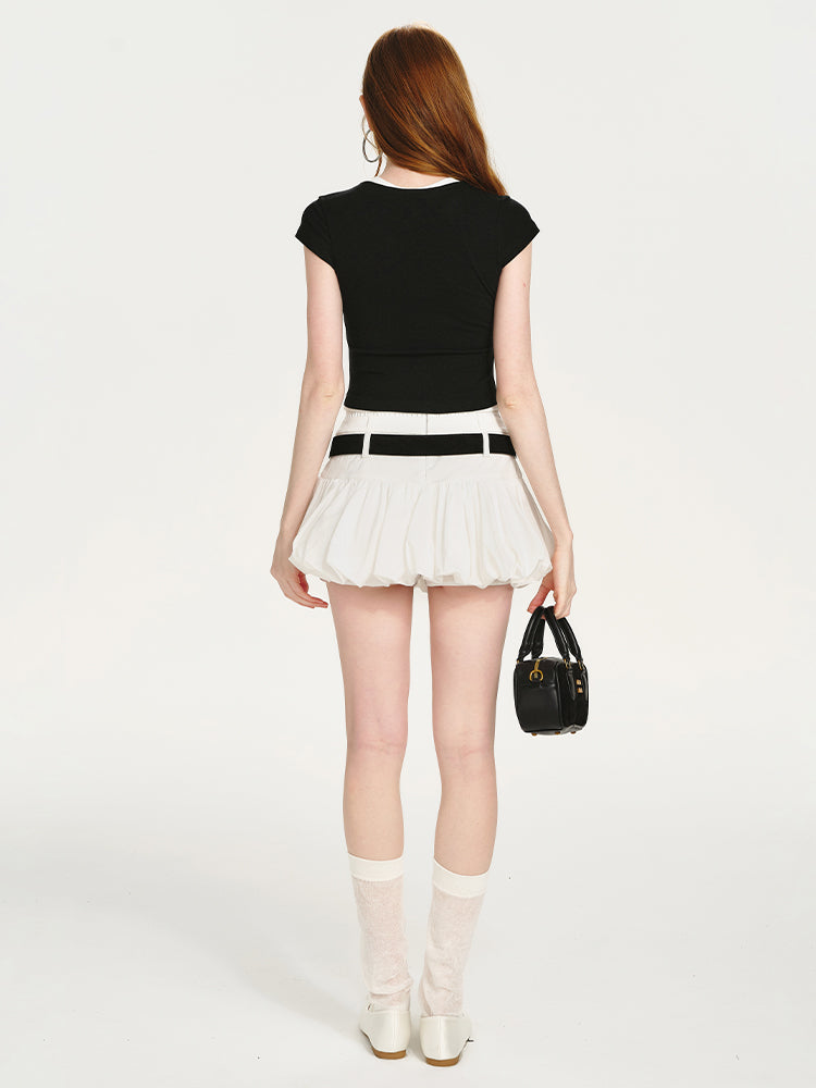 Bubble Hem Micro Skirt With Double Waistband