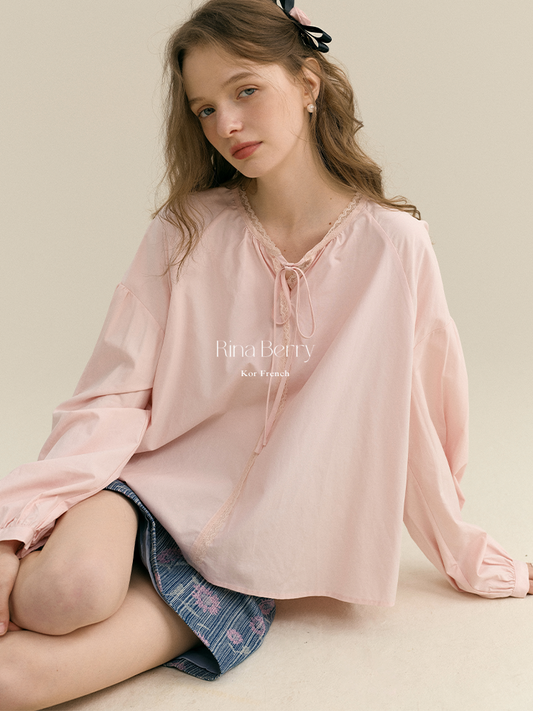 Drop Shoulder Tie-Neck Blouse