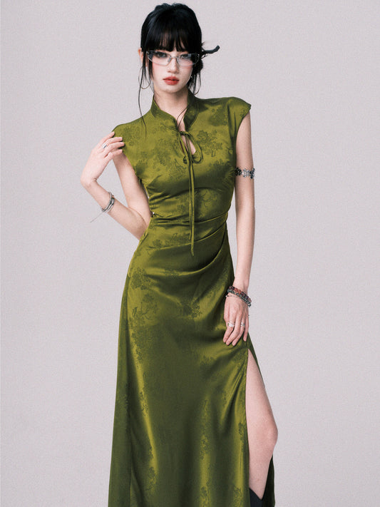 Sleeveless Qipao-Style Slit Dress In Satin Jacquard