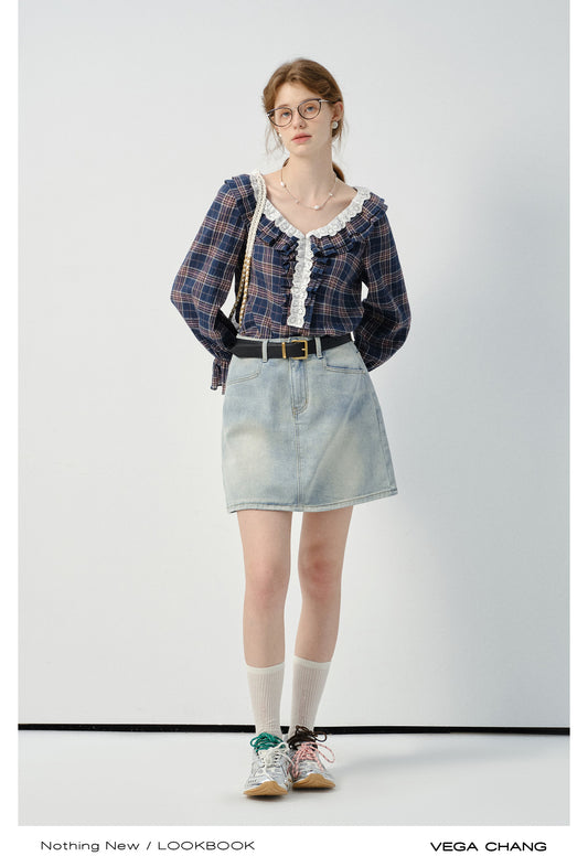 Ruffled Puff-Sleeve Plaid Blouse