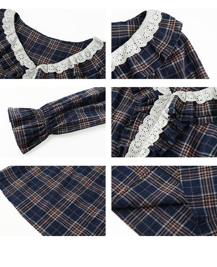 Ruffled Puff-Sleeve Plaid Blouse