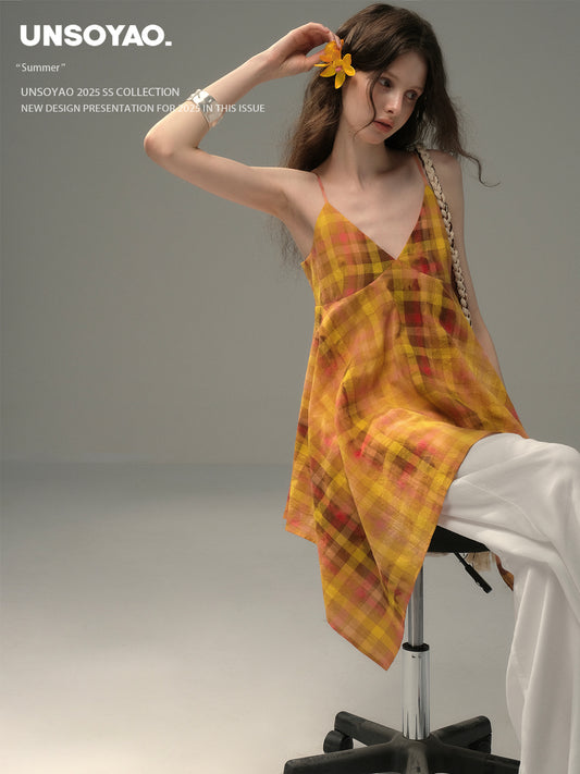 Ombre Plaid Asymmetrical Cotton Cami Top