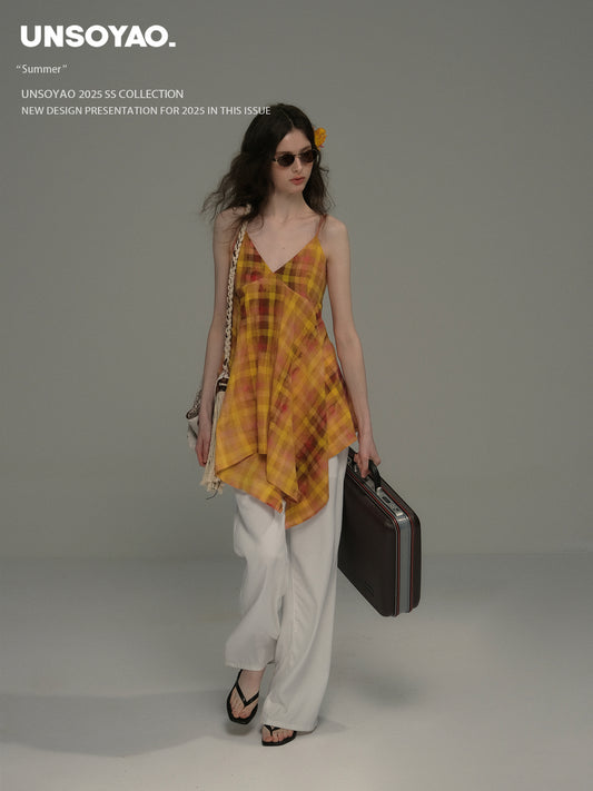 Ombre Plaid Asymmetrical Cotton Cami Top